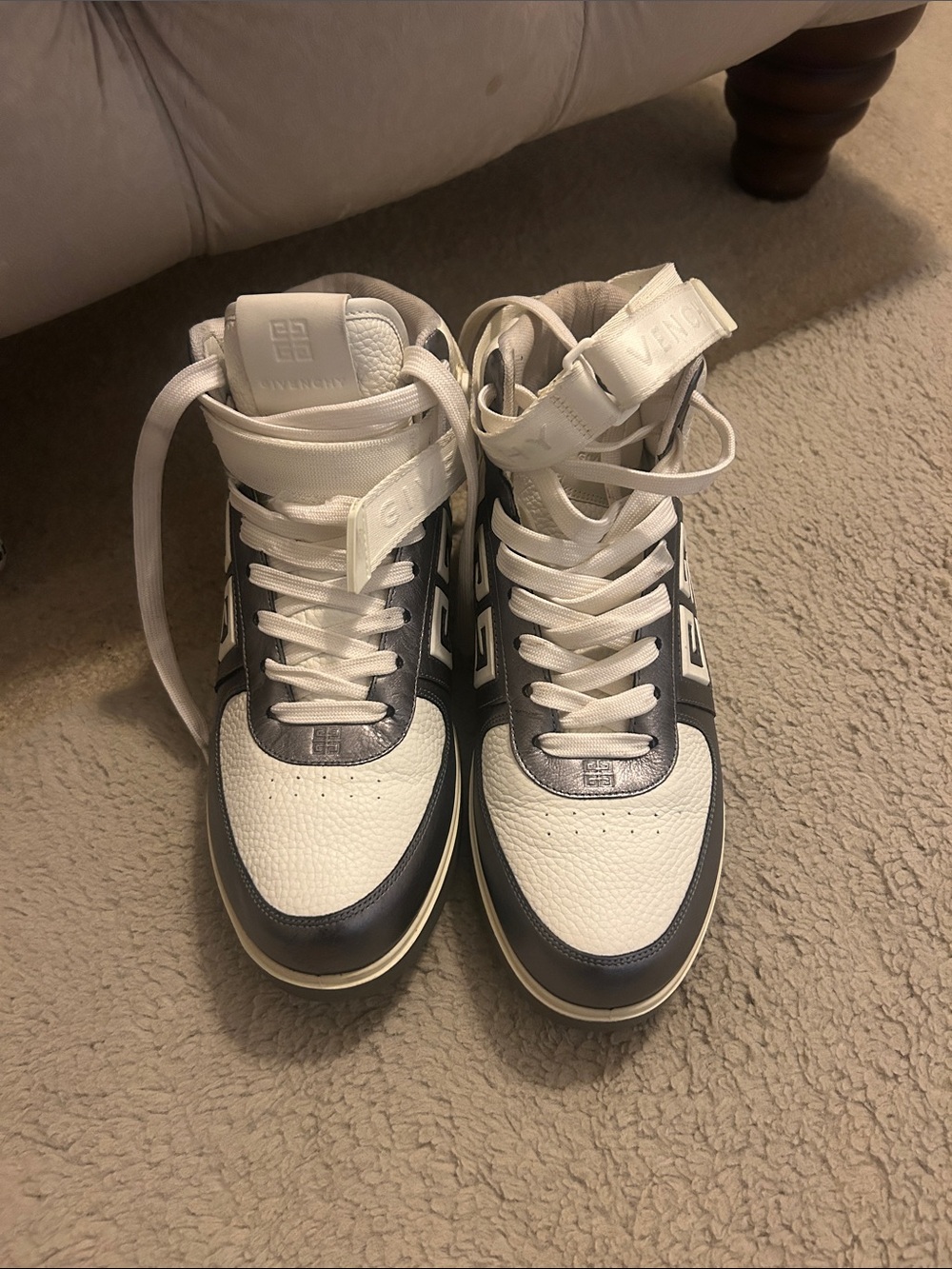 Givenchy White and Gray Leather High-Top Sneakers in